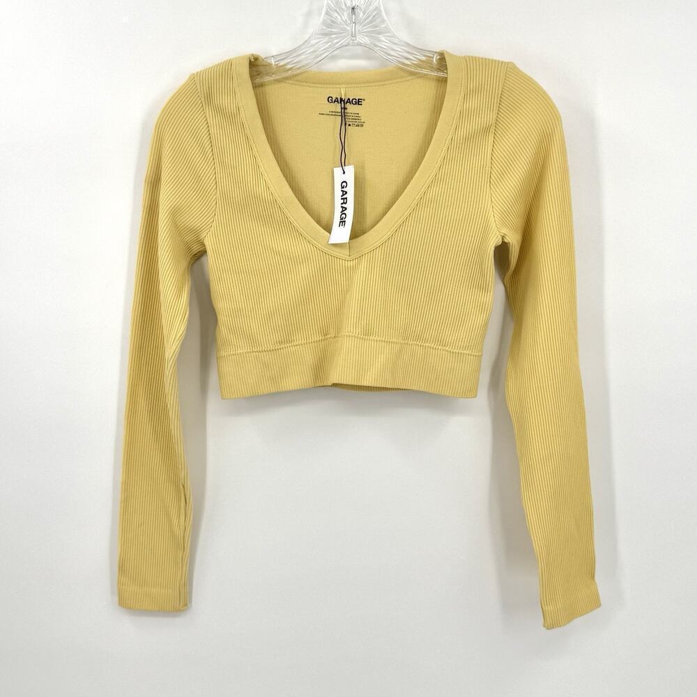GARAGE Long Sleeve Ribbed Plunge Neck Crop Top Women’s Shirt Size Medium Butter